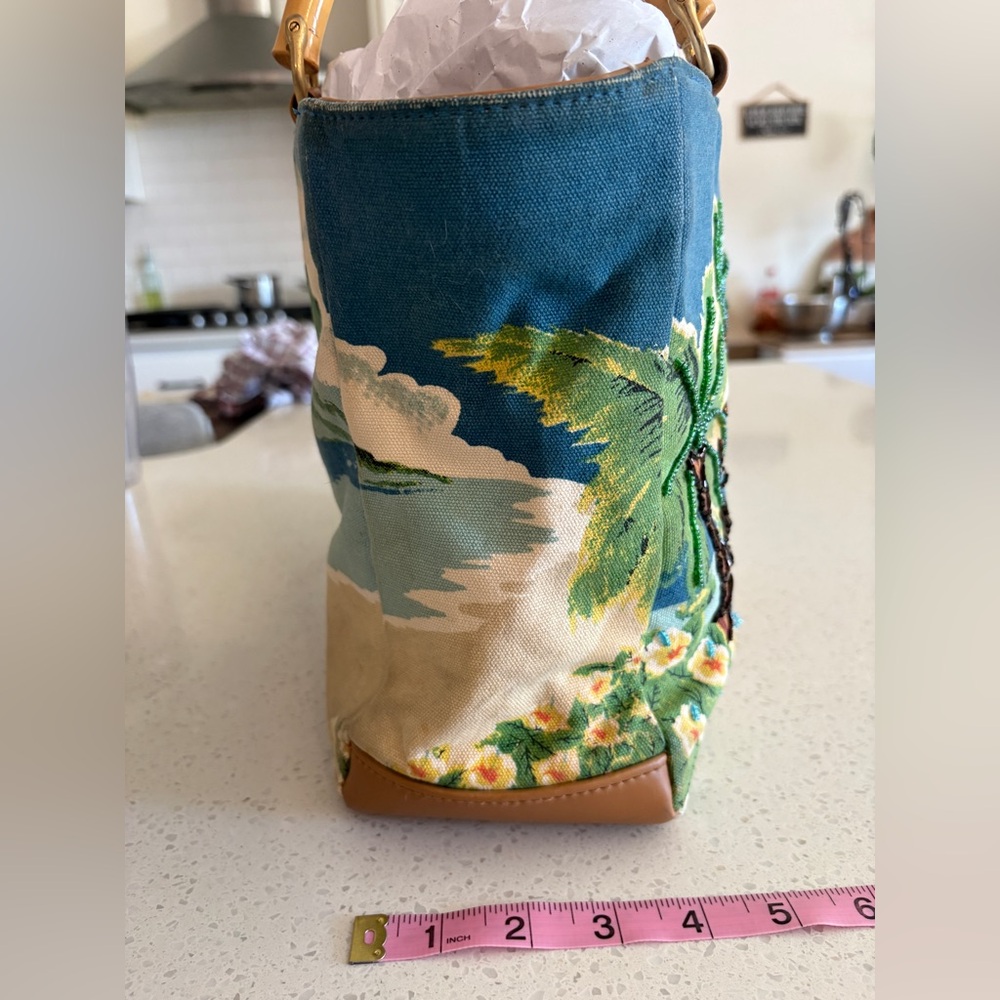 Tropical Print Canvas Tote with Bamboo Handles - Blue & Yellow - Picture 3 of 9